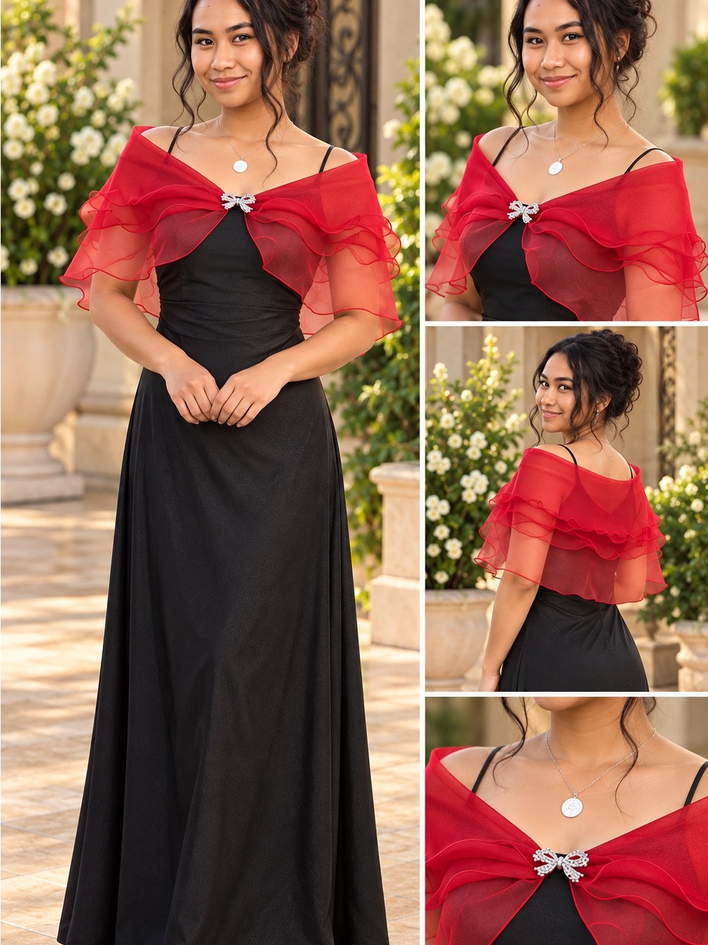 Black Dress With Red Shawl With Ribbon Closure Set For Any Occasions